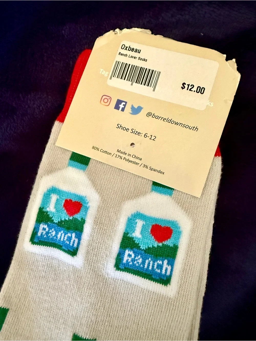 Cream Crew Socks with Red Accents - 'I ♥ Ranch'